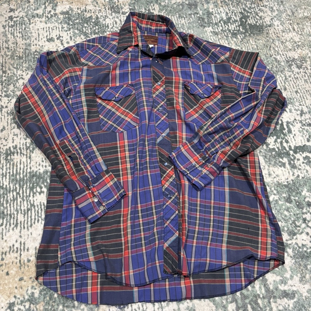 Vtg 90s Rustler Plaid Western Shirt Men XL Blue Pearl Snap X-Long Tails Cowboy